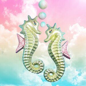 PAIR of LARGE 12" Retro Chalkware Seahorses - Pink - Blue - Green